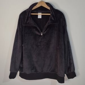 NWT Secret Treasures Black Plush Fleece/Faux Fur Half Zip Pullover Jacket Sz L
